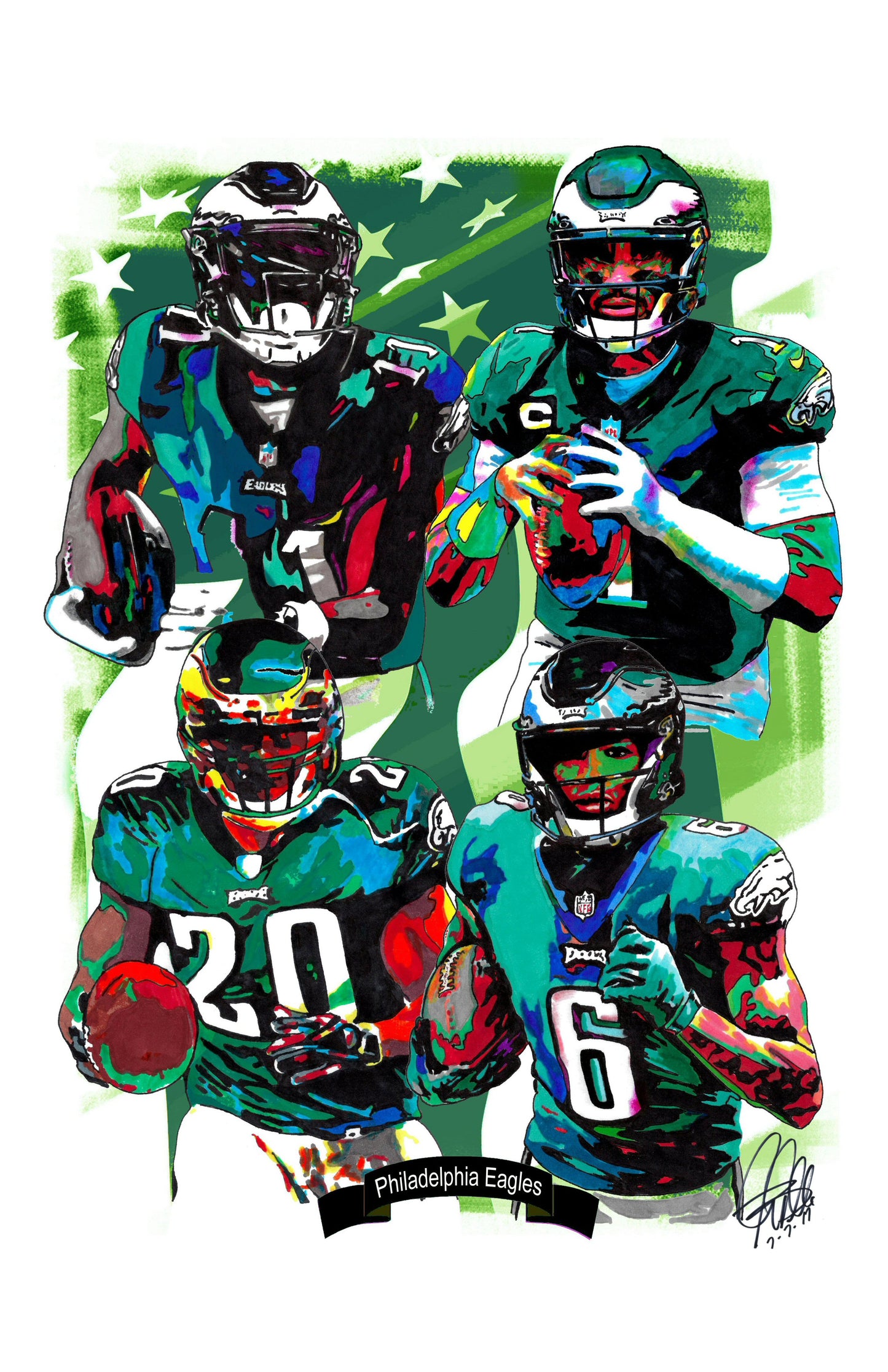 Philadelphia Eagles Hurts Smith Dawkins Brown Football Print Wall Art 11x17