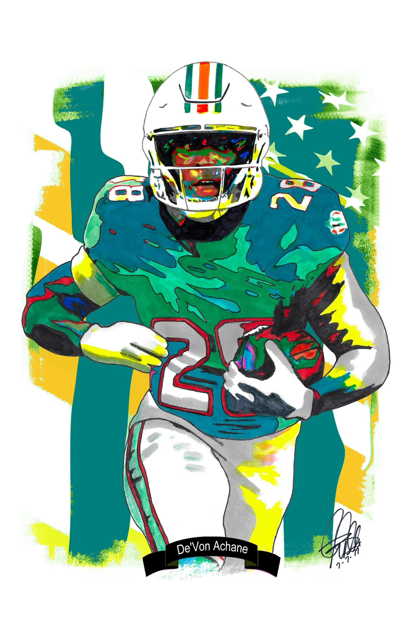 DeVon Achane Miami Dolphins Football Sports Poster Print Wall Art 11x17