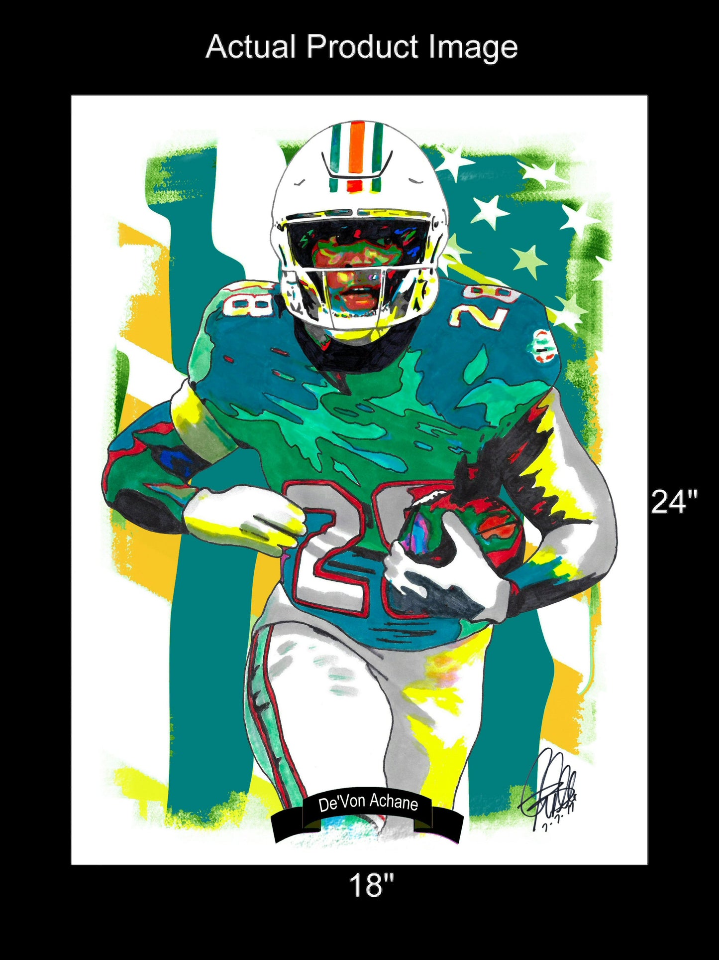 DeVon Achane Miami Dolphins Football Sports Poster Print Wall Art 18x24