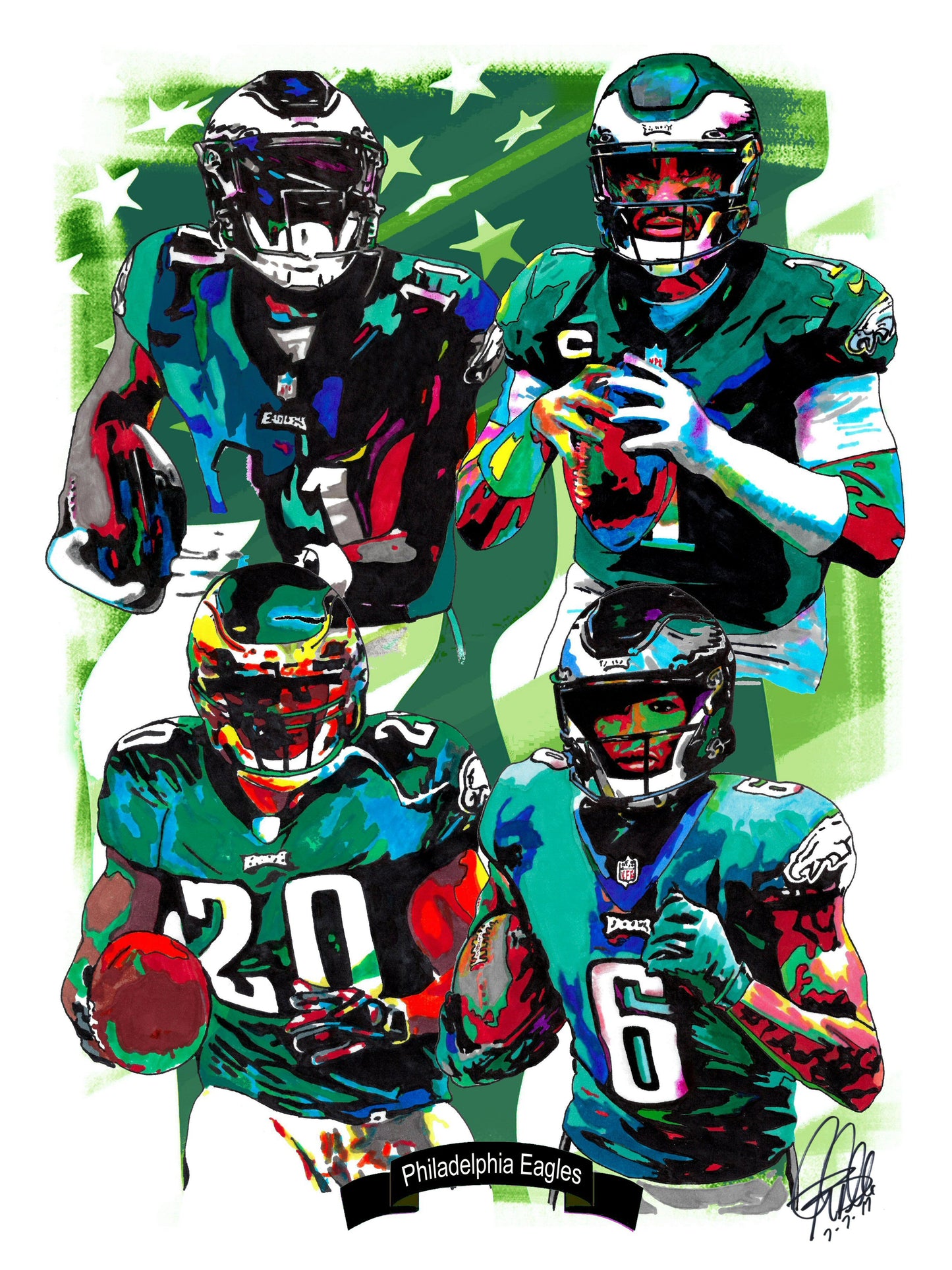 Philadelphia Eagles Hurts Smith Dawkins Brown Football Print Wall Art 18x24