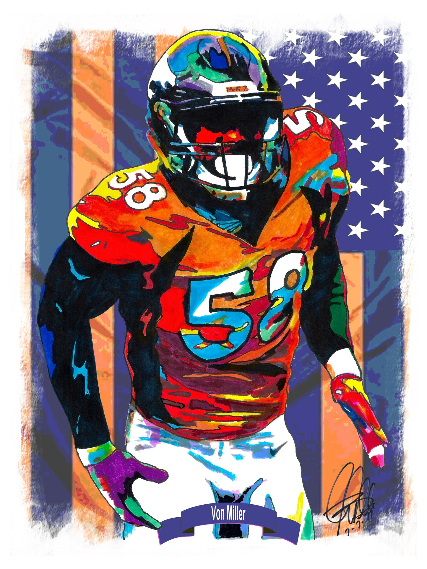 Von Miller of the Denver Broncos Football Sports Print Poster Wall Art 18x24