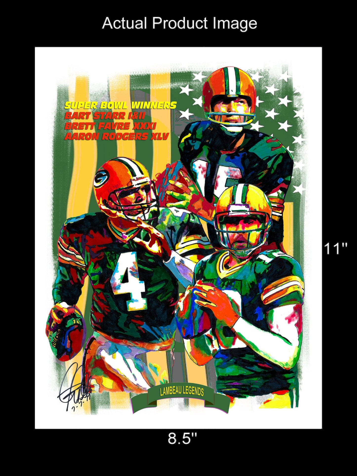 Green Bay Packers Starr Favre Rodgers Football Poster Print Wall Art 8.5x11